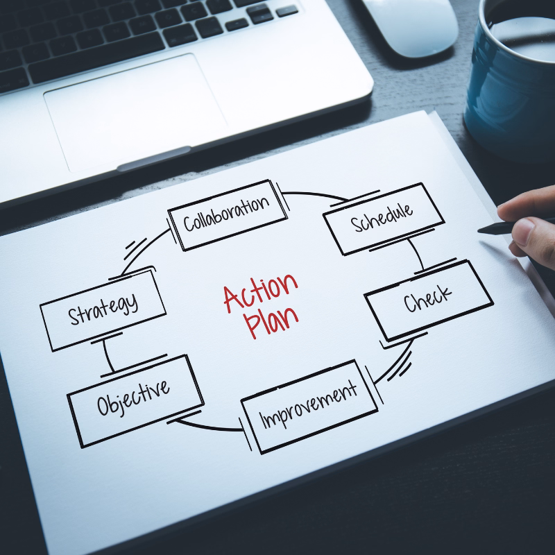 Action plan concept image showing a hand marking a printed workflow diagram beside a laptop, mouse, and coffee mug on a desk