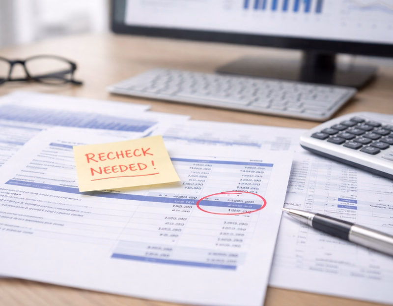 Financial Diagnostic Review concept image showing financial reports, a calculator, and marked bookkeeping documents on an office desk with a blurred desktop monitor