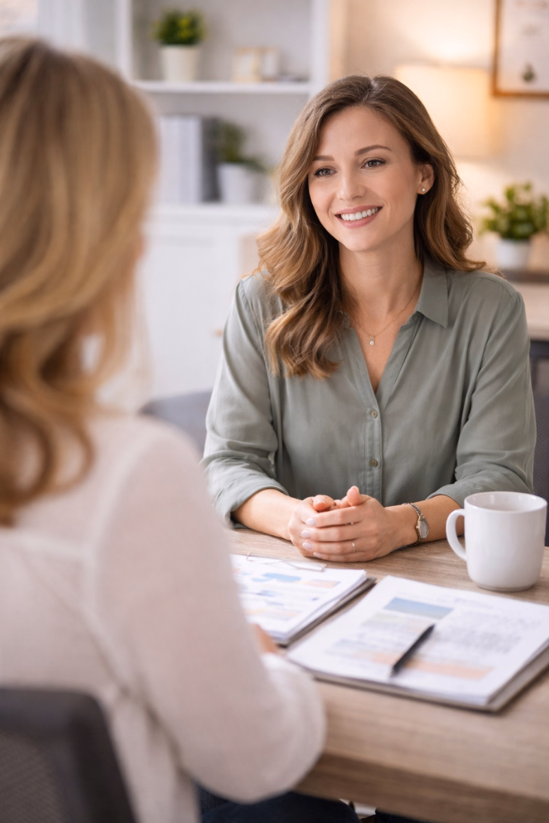 Lisa Brizendine of Briz Bookkeepers meeting with a client at her desk in Fort Wayne, Indiana, while the client smiles during a bookkeeping consultation