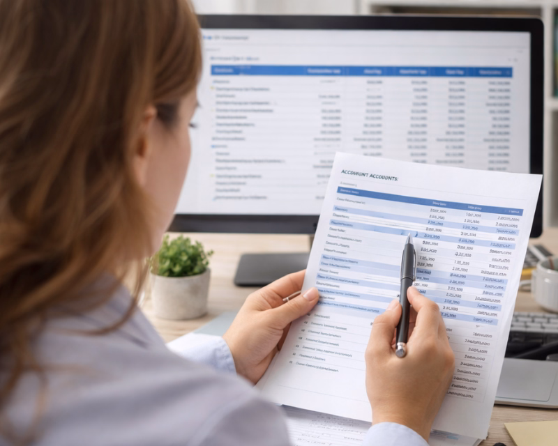 Over-the-shoulder view of Lisa Brizendine reviewing account balances and chart of accounts during a Financial Diagnostic Review for Briz Bookkeepers