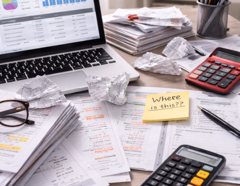 Chaotic QuickBooks Online workspace with scattered receipts, financial reports, calculators, and a laptop, showing the bookkeeping problems caused by disorganized records