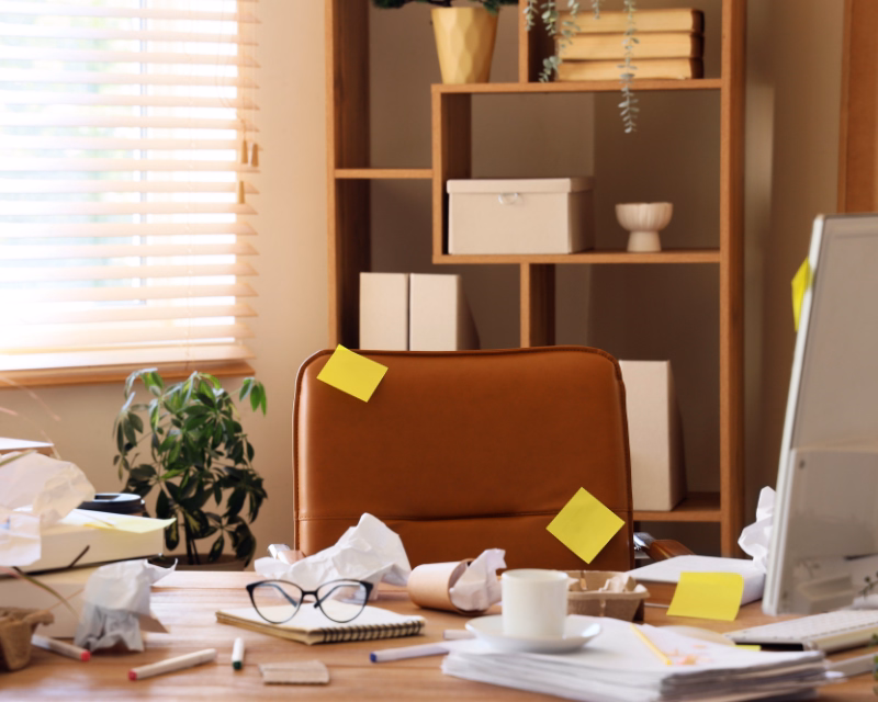 Cluttered office desk with scattered paperwork, sticky notes, coffee cup, and computer, showing the stress of disorganized monthly bookkeeping and late financial reporting
