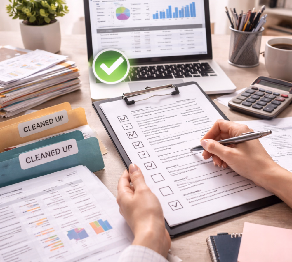 QuickBooks Online clean-up concept image showing a checklist, organized paperwork, a laptop, and a calculator on a tidy bookkeeping desk