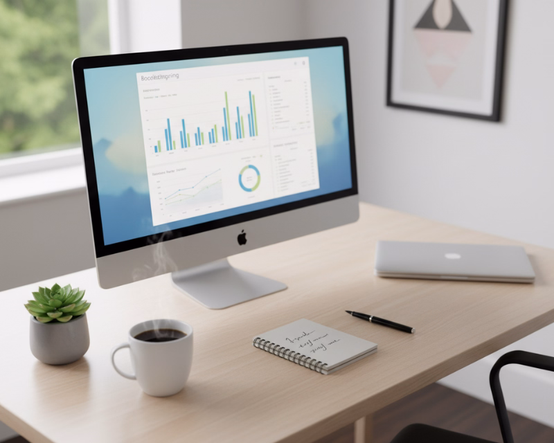 QuickBooks Online setup workspace with a desktop monitor, clipboard, account checklist, calculator, and organized onboarding documents on a clean desk