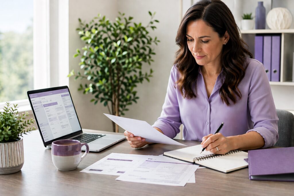 Bookkeeper reviewing financial records at a desk in a calm modern office