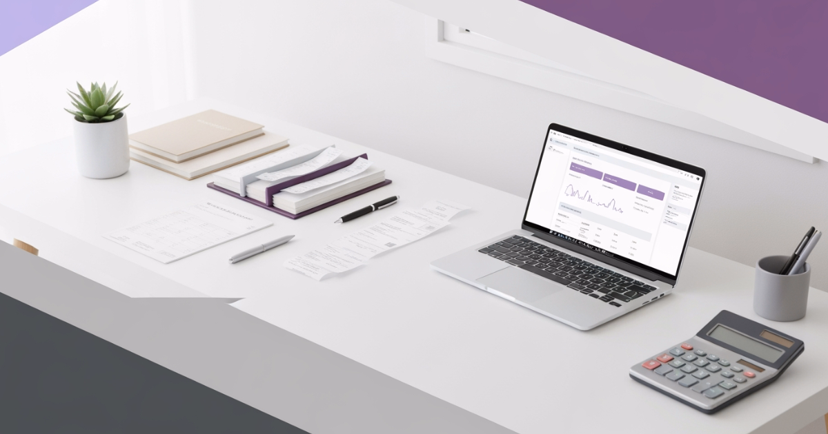 Organized bookkeeping workspace with laptop, financial reports, and calendar for a service business