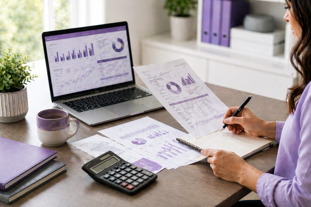 Professional bookkeeper working on bookkeeping tasks in a bright modern office