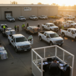 Roofing company crews, trucks, and materials in a busy yard while management reviews operations and profitability.