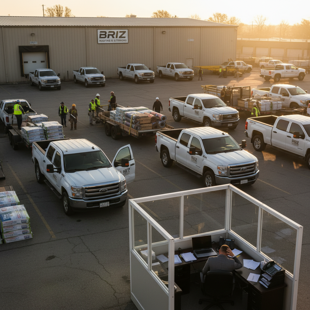 content-image-1 (1) Roofing company crews, trucks, and materials in a busy yard while management reviews operations and profitability.